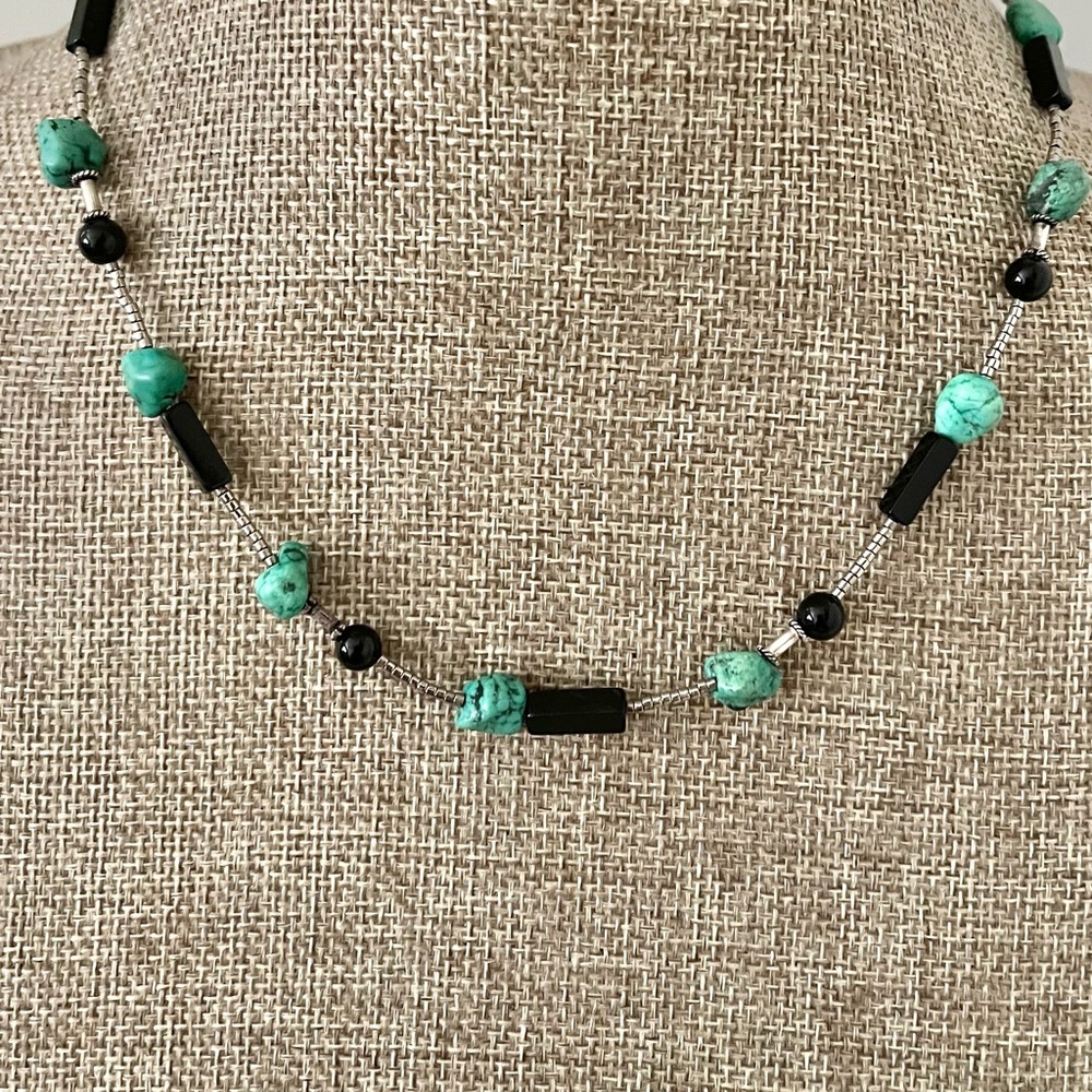 HAND CRAFTED Artisan Necklace and Earrings Sterling Silver Stone Glass Beads 17” - Picture 3 of 9
